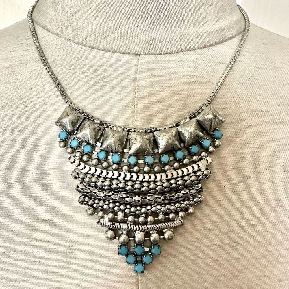 Zad silver tone and turquoise tone statement necklace